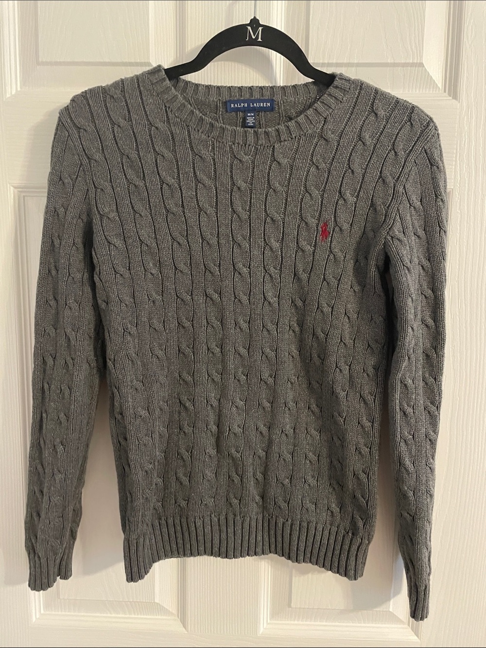 Ralph Lauren Gray Cable-Knit Crewneck Sweater with Red Pony cotton preppy casual